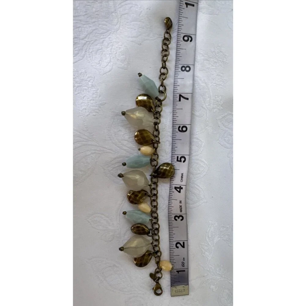 Premier Designs Beaded Charm Bracelet Blue Cream Dark Goldtone 8.5